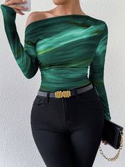 Rafferiza Marble Gradient Print Asymmetric Asymmetrical Neck Long Sleeve T-Shirt
