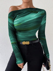 Rafferiza Marble Gradient Print Asymmetric Asymmetrical Neck Long Sleeve T-Shirt