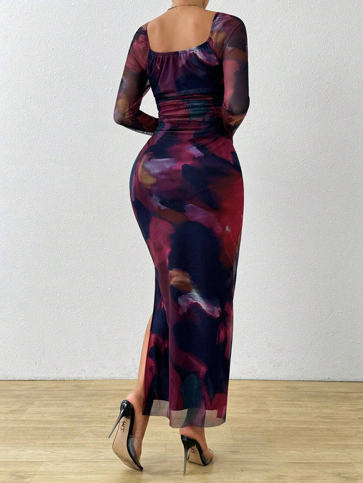 Rafferiza Tie Dye Print Off Shoulder Split Thigh Dress Maxi Women Outfit