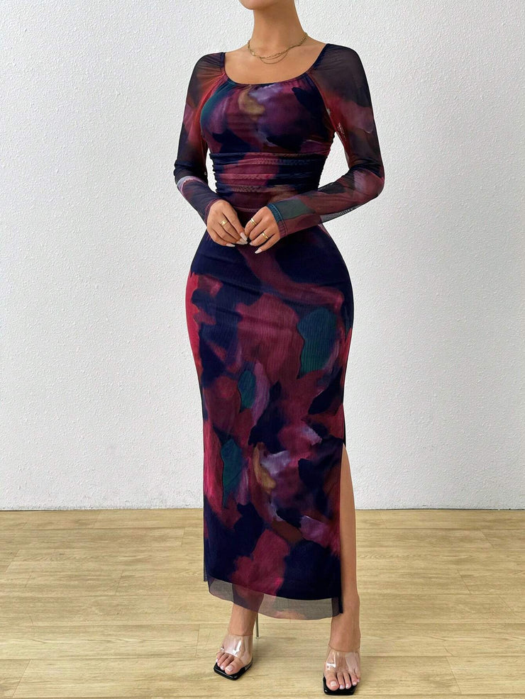 Rafferiza Tie Dye Print Off Shoulder Split Thigh Dress Maxi Women Outfit
