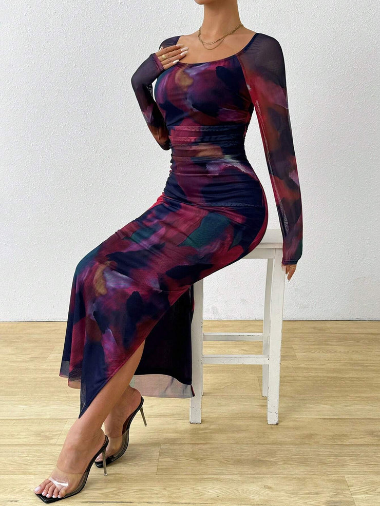 Rafferiza Tie Dye Print Off Shoulder Split Thigh Dress Maxi Women Outfit