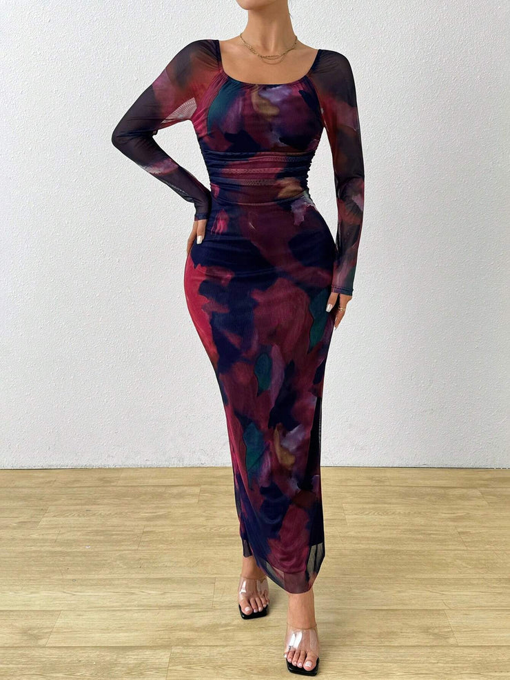 Rafferiza Tie Dye Print Off Shoulder Split Thigh Dress Maxi Women Outfit