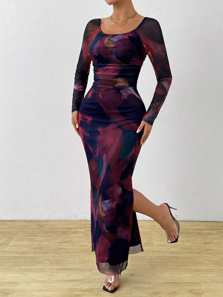 Rafferiza Tie Dye Print Off Shoulder Split Thigh Dress Maxi Women Outfit