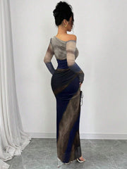 Rafferiza Elegant Tie Dye Gradient Ruched Mesh Leopard Print Asymmetrical Neck High Slit Dress Maxi Women Outfit
