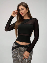 Rafferiza Women Solid Color Round Neck Long Sleeve Slim Fit Mesh Panel T-Shirt