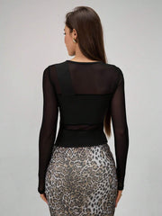 Rafferiza Women Solid Color Round Neck Long Sleeve Slim Fit Mesh Panel T-Shirt