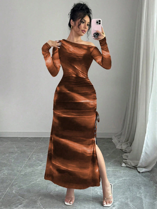 Rafferiza Elegant Tie Dye Gradient Ruched Mesh Leopard Print Asymmetrical Neck High Slit Dress Maxi Women Outfit
