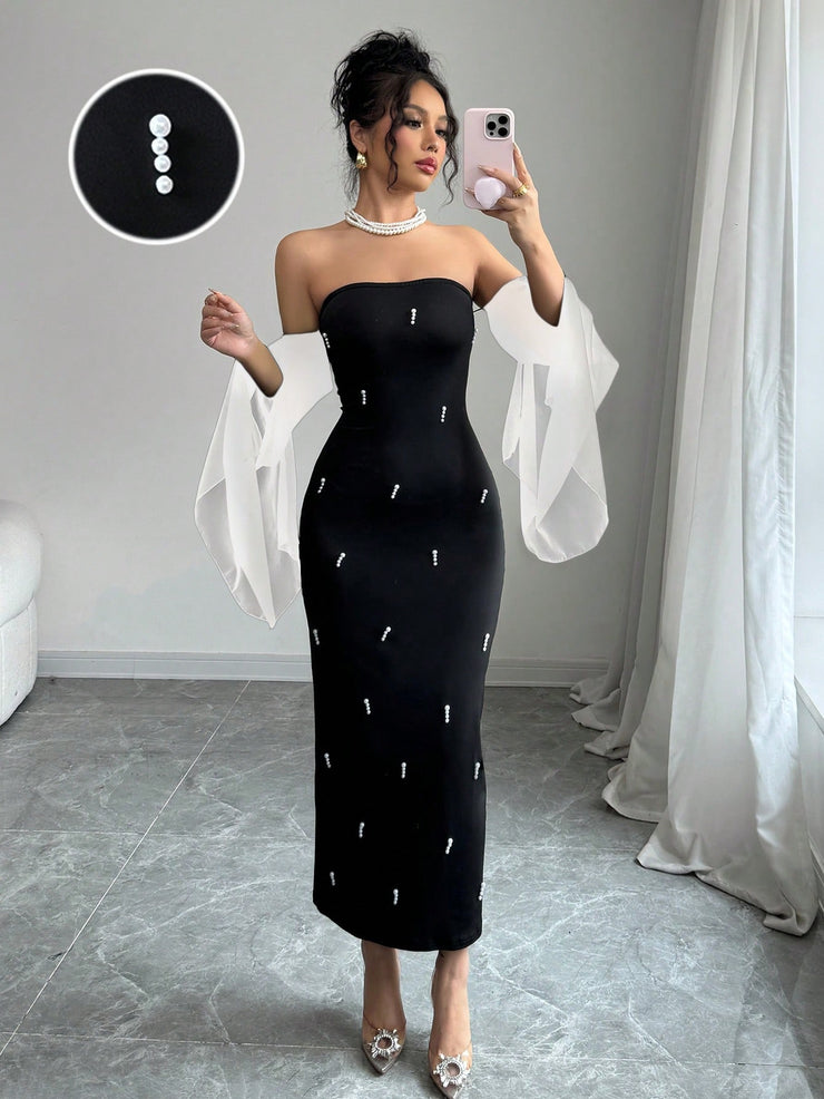 Rafferiza Women's Elegant Off-Shoulder Faux Pearl Beaded Black Sexy Tight  Long Dress