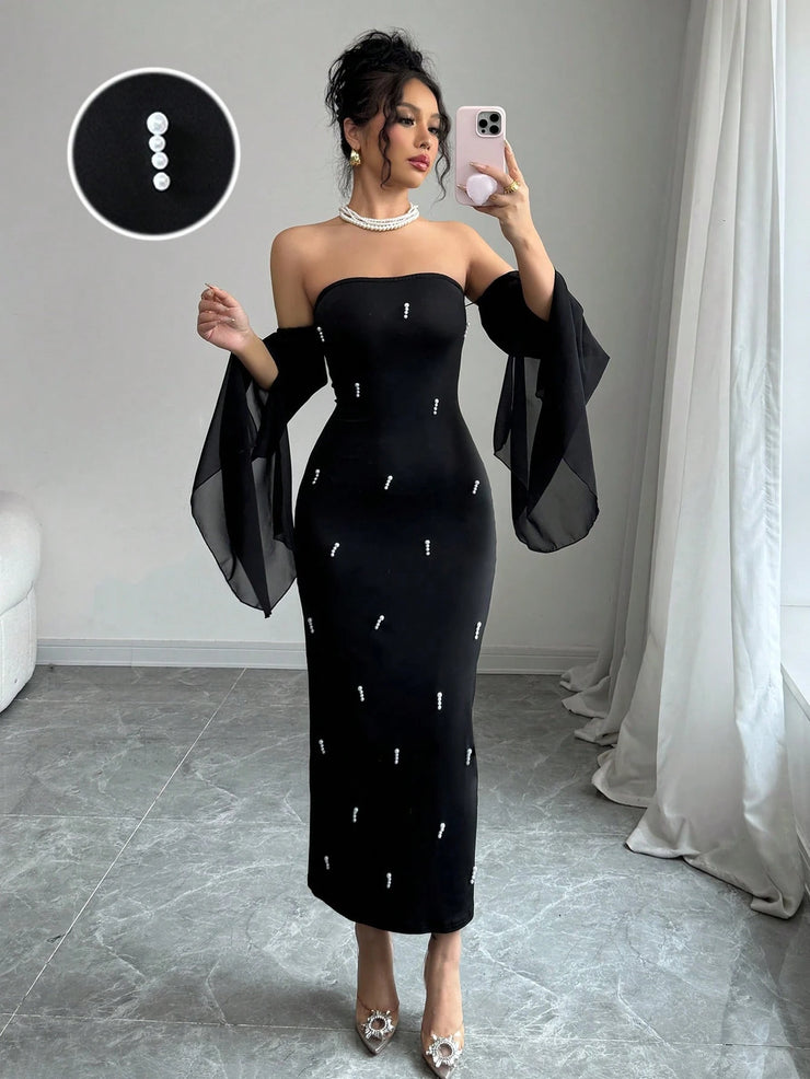 Rafferiza Women's Elegant Off-Shoulder Faux Pearl Beaded Black Sexy Tight  Long Dress