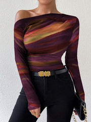 Rafferiza Marble Gradient Print Asymmetric Asymmetrical Neck Long Sleeve T-Shirt
