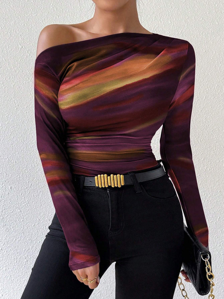 Rafferiza Marble Gradient Print Asymmetric Asymmetrical Neck Long Sleeve T-Shirt