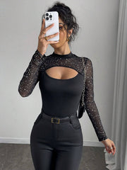 Rafferiza Women's Sexy Black Hollow-Out Mesh Silver Foil Splice Long Sleeve Slim Fit T-Shirt
