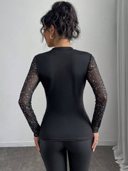 Rafferiza Women's Sexy Black Hollow-Out Mesh Silver Foil Splice Long Sleeve Slim Fit T-Shirt