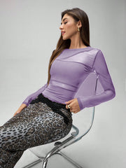 Rafferiza Women Solid Color Round Neck Long Sleeve Slim Fit Mesh Panel T-Shirt