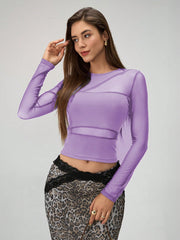 Rafferiza Women Solid Color Round Neck Long Sleeve Slim Fit Mesh Panel T-Shirt