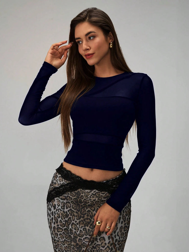Rafferiza Women Solid Color Round Neck Long Sleeve Slim Fit Mesh Panel T-Shirt