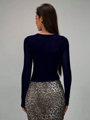 Rafferiza Women Solid Color Round Neck Long Sleeve Slim Fit Mesh Panel T-Shirt