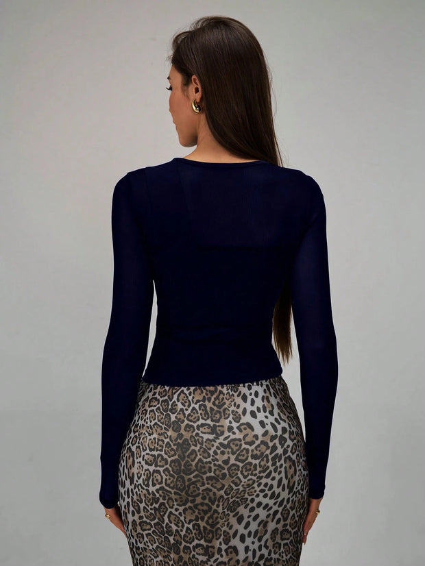 Rafferiza Women Solid Color Round Neck Long Sleeve Slim Fit Mesh Panel T-Shirt