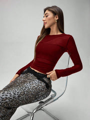 Rafferiza Women Solid Color Round Neck Long Sleeve Slim Fit Mesh Panel T-Shirt