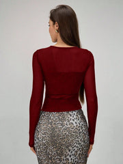 Rafferiza Women Solid Color Round Neck Long Sleeve Slim Fit Mesh Panel T-Shirt