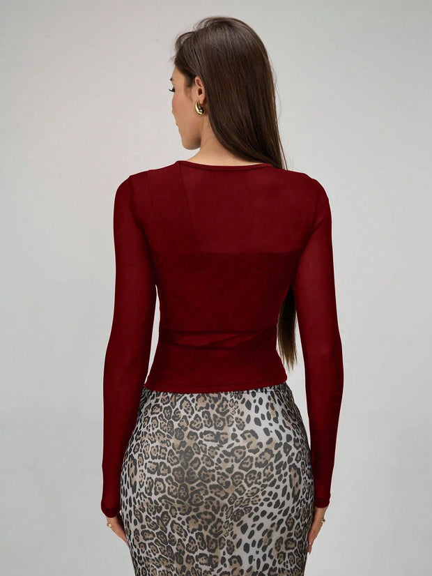 Rafferiza Women Solid Color Round Neck Long Sleeve Slim Fit Mesh Panel T-Shirt