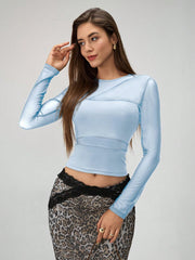 Rafferiza Women Solid Color Round Neck Long Sleeve Slim Fit Mesh Panel T-Shirt
