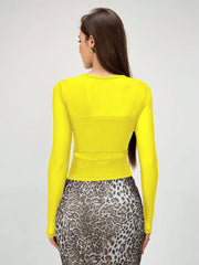 Rafferiza Women Solid Color Round Neck Long Sleeve Slim Fit Mesh Panel T-Shirt