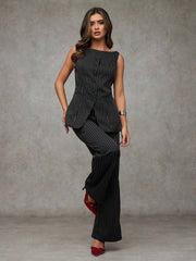 SHEIN BAE Boat Neck Striped Print Button Front Sleeveless Top And Long Pants Elegant Office Business Suit Set