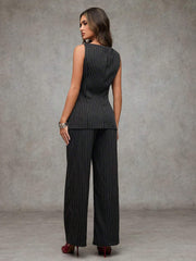 SHEIN BAE Boat Neck Striped Print Button Front Sleeveless Top And Long Pants Elegant Office Business Suit Set