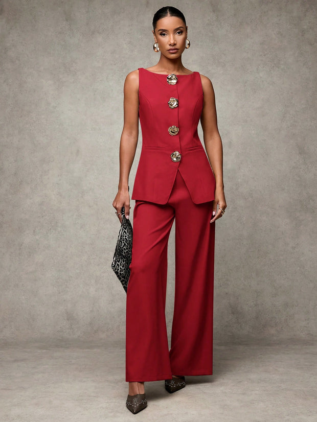 SHEIN BAE Boat Neck Striped Print Button Front Sleeveless Top And Long Pants Elegant Office Business Suit Set