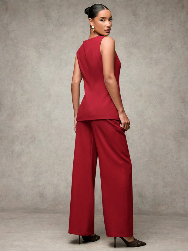SHEIN BAE Boat Neck Striped Print Button Front Sleeveless Top And Long Pants Elegant Office Business Suit Set