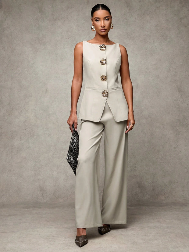 SHEIN BAE Boat Neck Striped Print Button Front Sleeveless Top And Long Pants Elegant Office Business Suit Set