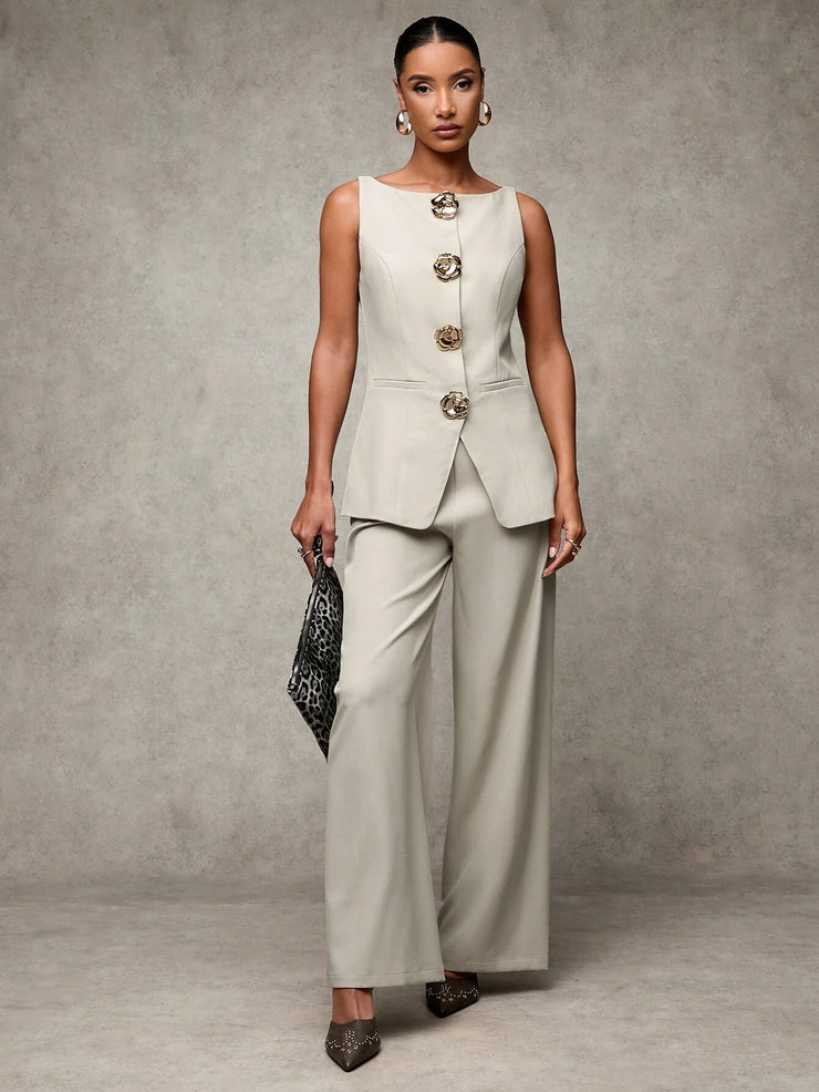 SHEIN BAE Boat Neck Striped Print Button Front Sleeveless Top And Long Pants Elegant Office Business Suit Set