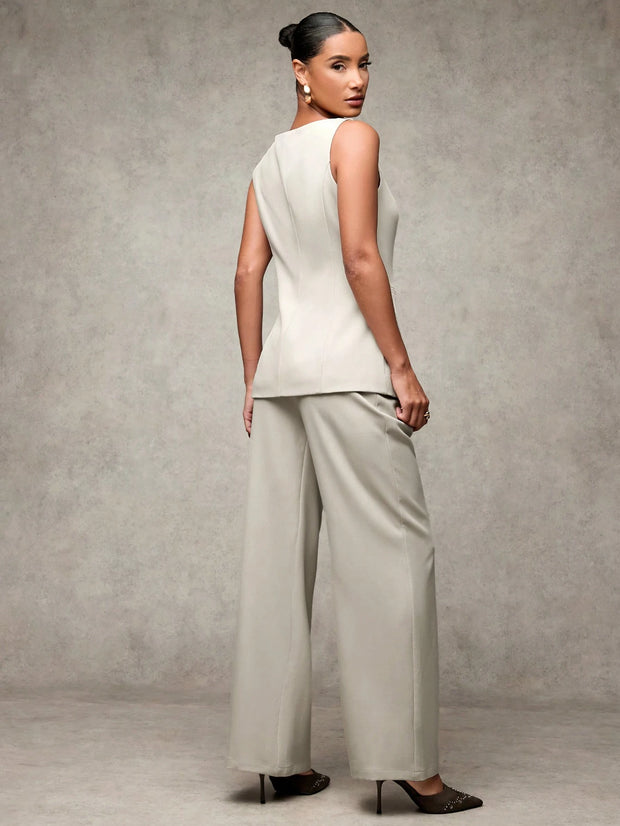SHEIN BAE Boat Neck Striped Print Button Front Sleeveless Top And Long Pants Elegant Office Business Suit Set
