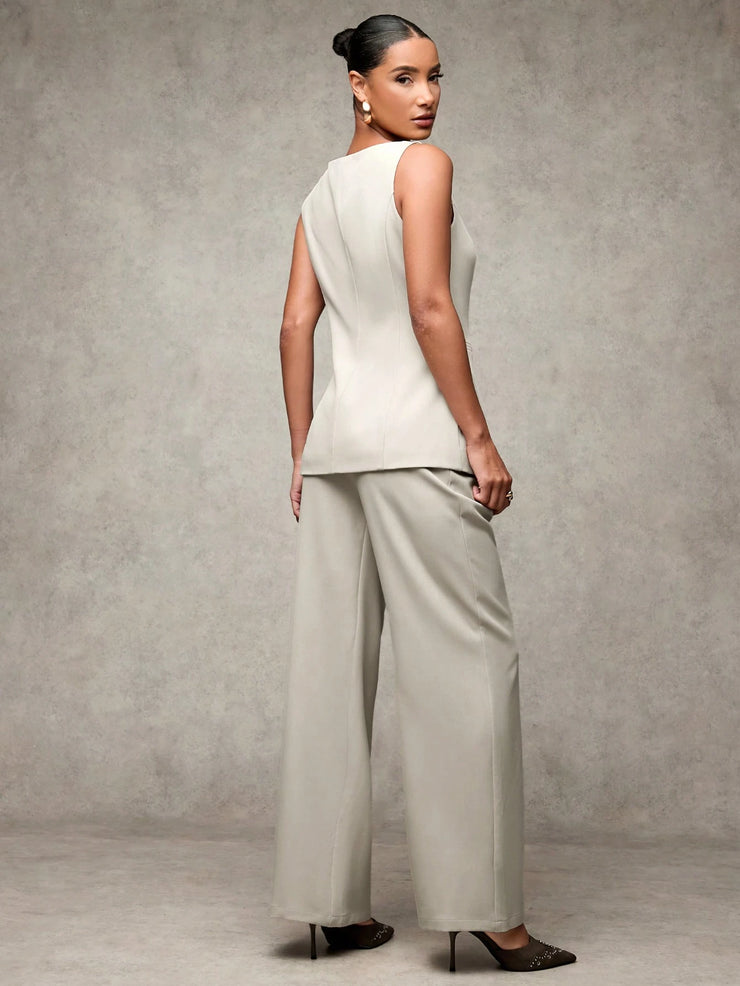 SHEIN BAE Boat Neck Striped Print Button Front Sleeveless Top And Long Pants Elegant Office Business Suit Set
