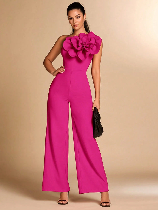 SHEIN BAE Red Asymmetrical Shoulder Fitted Elegant 3D Floral Jumpsuit
