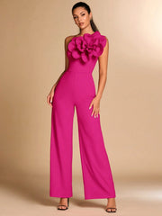 SHEIN BAE Red Asymmetrical Shoulder Fitted Elegant 3D Floral Jumpsuit