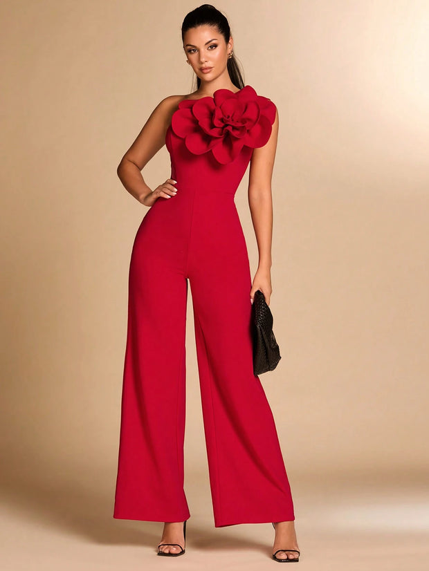 SHEIN BAE Red Asymmetrical Shoulder Fitted Elegant 3D Floral Jumpsuit