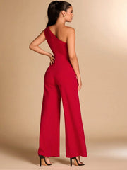 SHEIN BAE Red Asymmetrical Shoulder Fitted Elegant 3D Floral Jumpsuit