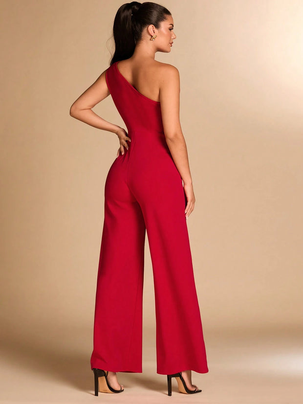 SHEIN BAE Red Asymmetrical Shoulder Fitted Elegant 3D Floral Jumpsuit