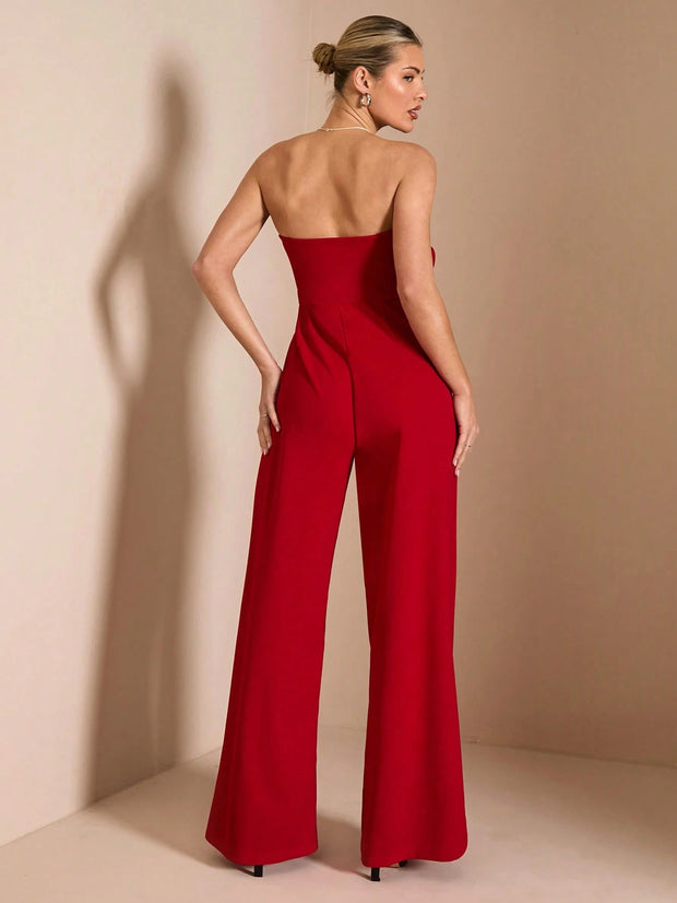 SHEIN BAE Red Asymmetrical Shoulder Fitted Elegant 3D Floral Jumpsuit
