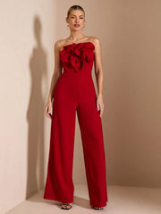 SHEIN BAE Red Asymmetrical Shoulder Fitted Elegant 3D Floral Jumpsuit
