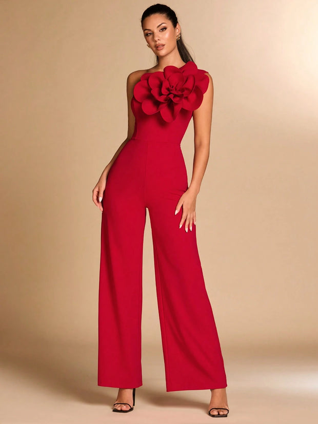 SHEIN BAE Red Asymmetrical Shoulder Fitted Elegant 3D Floral Jumpsuit