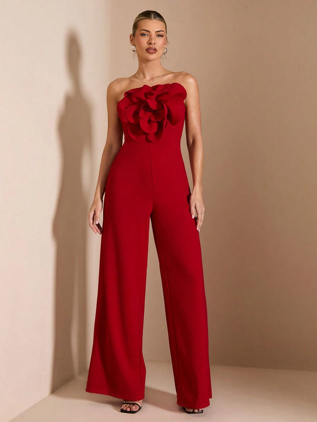 SHEIN BAE Red Asymmetrical Shoulder Fitted Elegant 3D Floral Jumpsuit