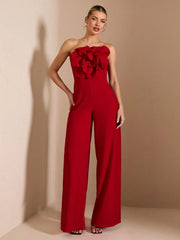 SHEIN BAE Red Asymmetrical Shoulder Fitted Elegant 3D Floral Jumpsuit