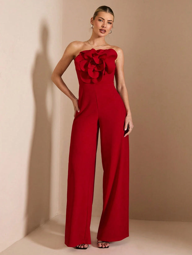 SHEIN BAE Red Asymmetrical Shoulder Fitted Elegant 3D Floral Jumpsuit