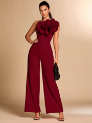 SHEIN BAE Red Asymmetrical Shoulder Fitted Elegant 3D Floral Jumpsuit