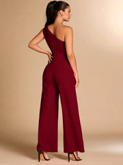 SHEIN BAE Red Asymmetrical Shoulder Fitted Elegant 3D Floral Jumpsuit