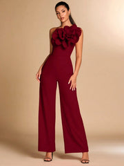 SHEIN BAE Red Asymmetrical Shoulder Fitted Elegant 3D Floral Jumpsuit