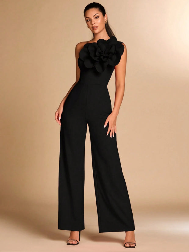 SHEIN BAE Red Asymmetrical Shoulder Fitted Elegant 3D Floral Jumpsuit